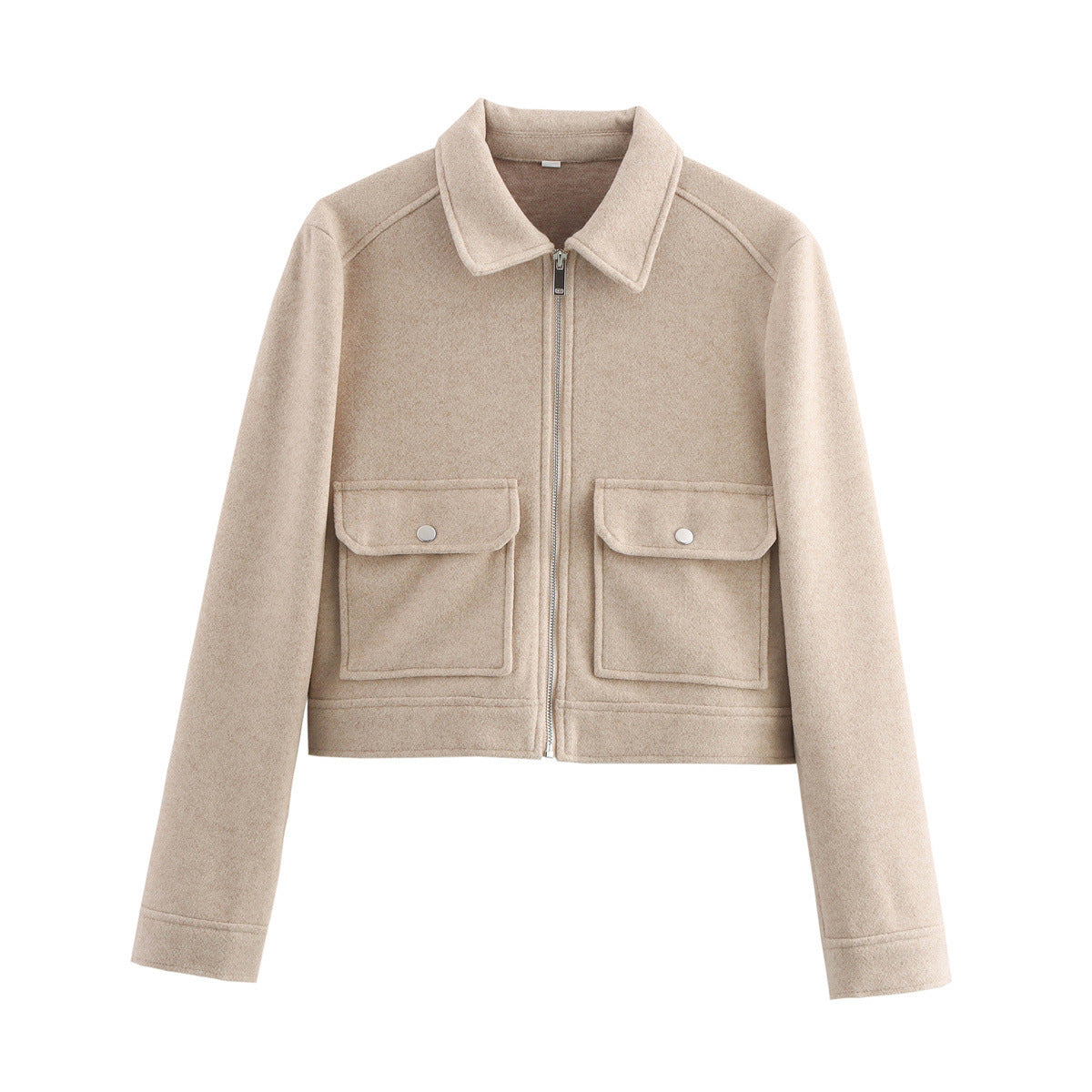 Women short cut wool mix jacket with shirt collar, zipper and patch flap pockets Chichicherry