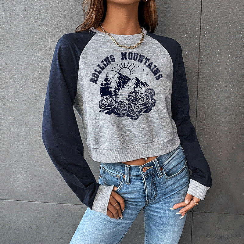 Women's Cropped Raglan Sweatshirt with Mountain Motif, Gathered Hem and Contrast Sleeves Chichicherry