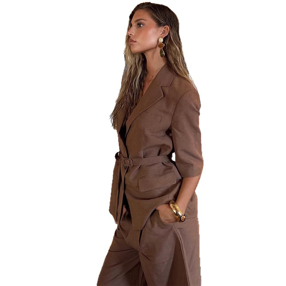 Women’s linen blend tailored blazer with belt, 3/4 sleeves & flap pockets Chichicherry