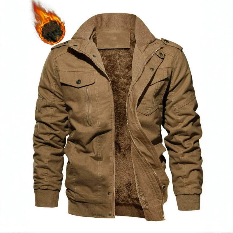 Men's Military-Inspired Canvas Field Jacket with Teddy Lining and Stand Collar Chichicherry