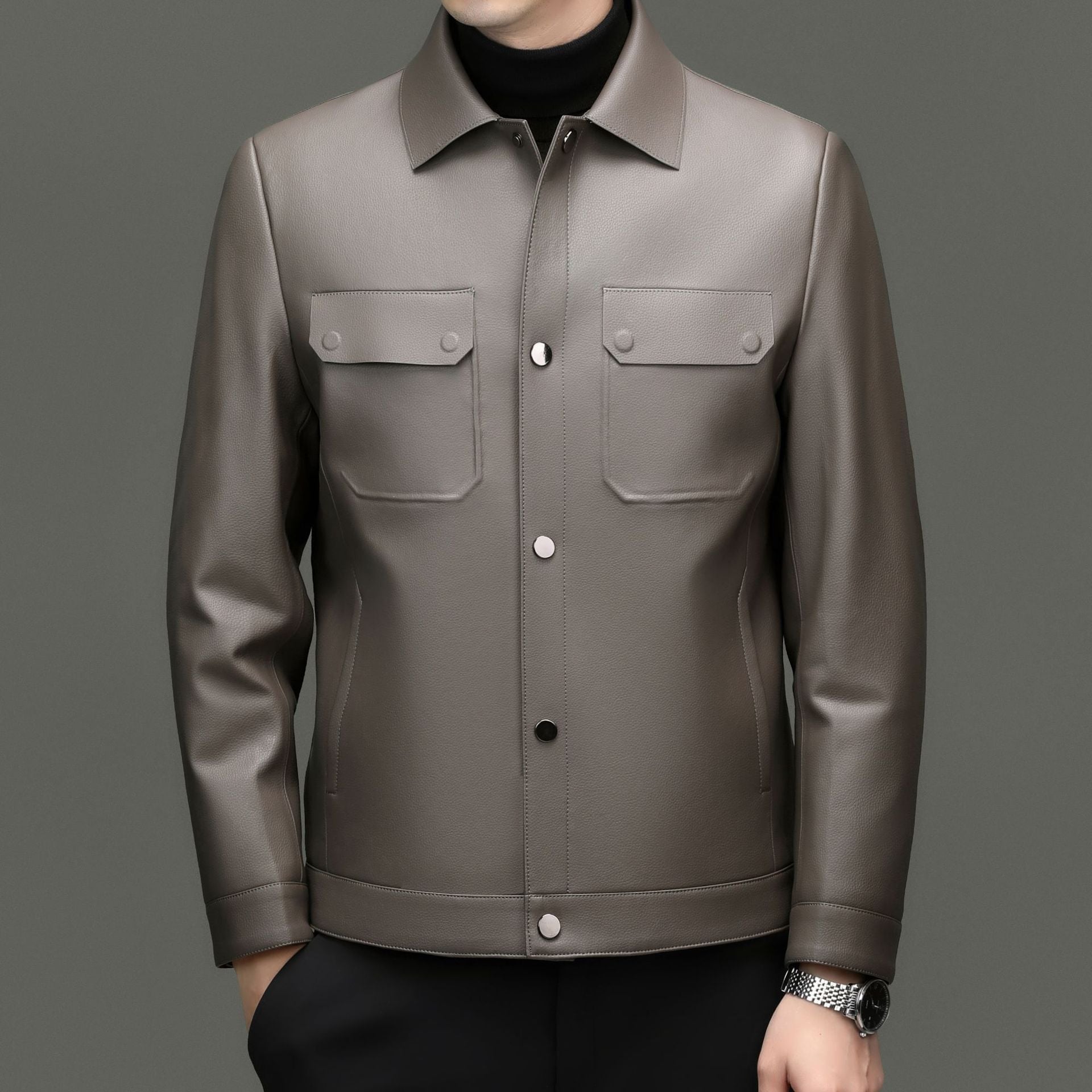 Men's leather jacket in shirt style with snap button closure and patched chest pockets Chichicherry