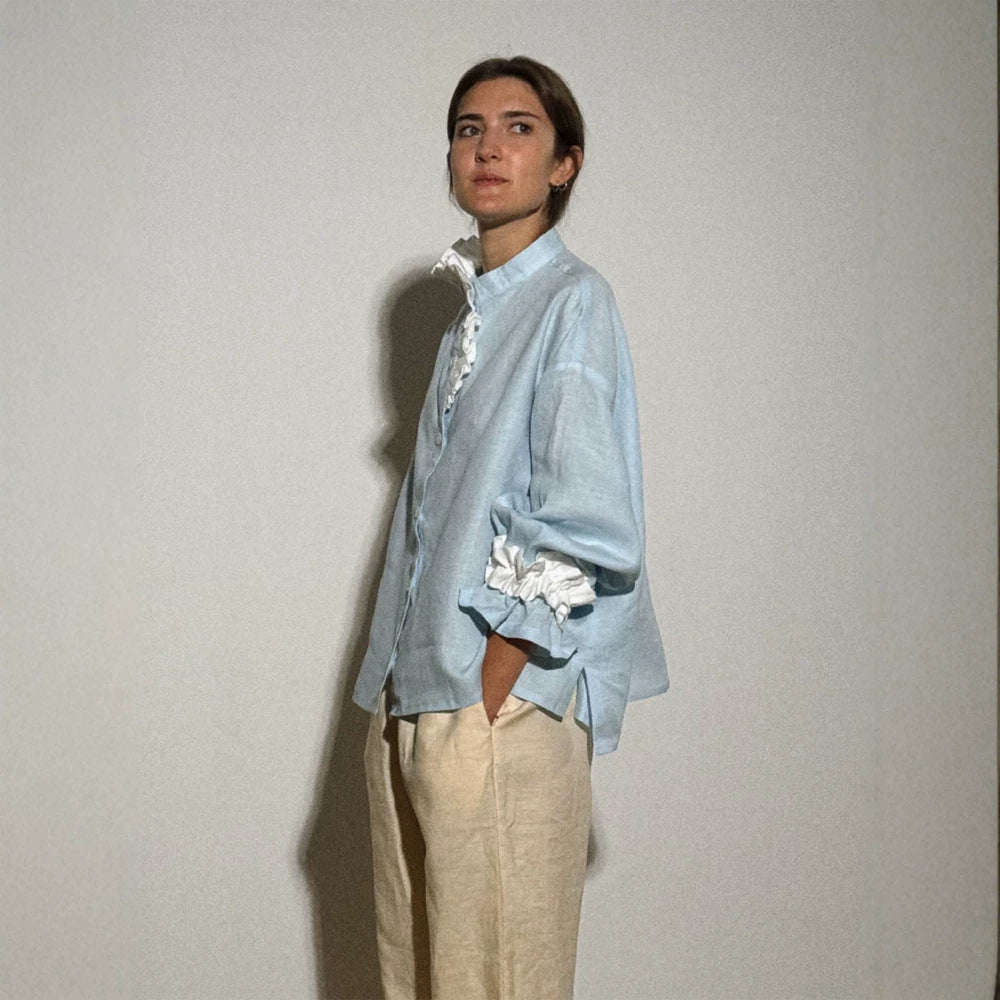 Women's lightweight linen blouse with stand-up collar, oversized silhouette and gathered cuffs Chichicherry