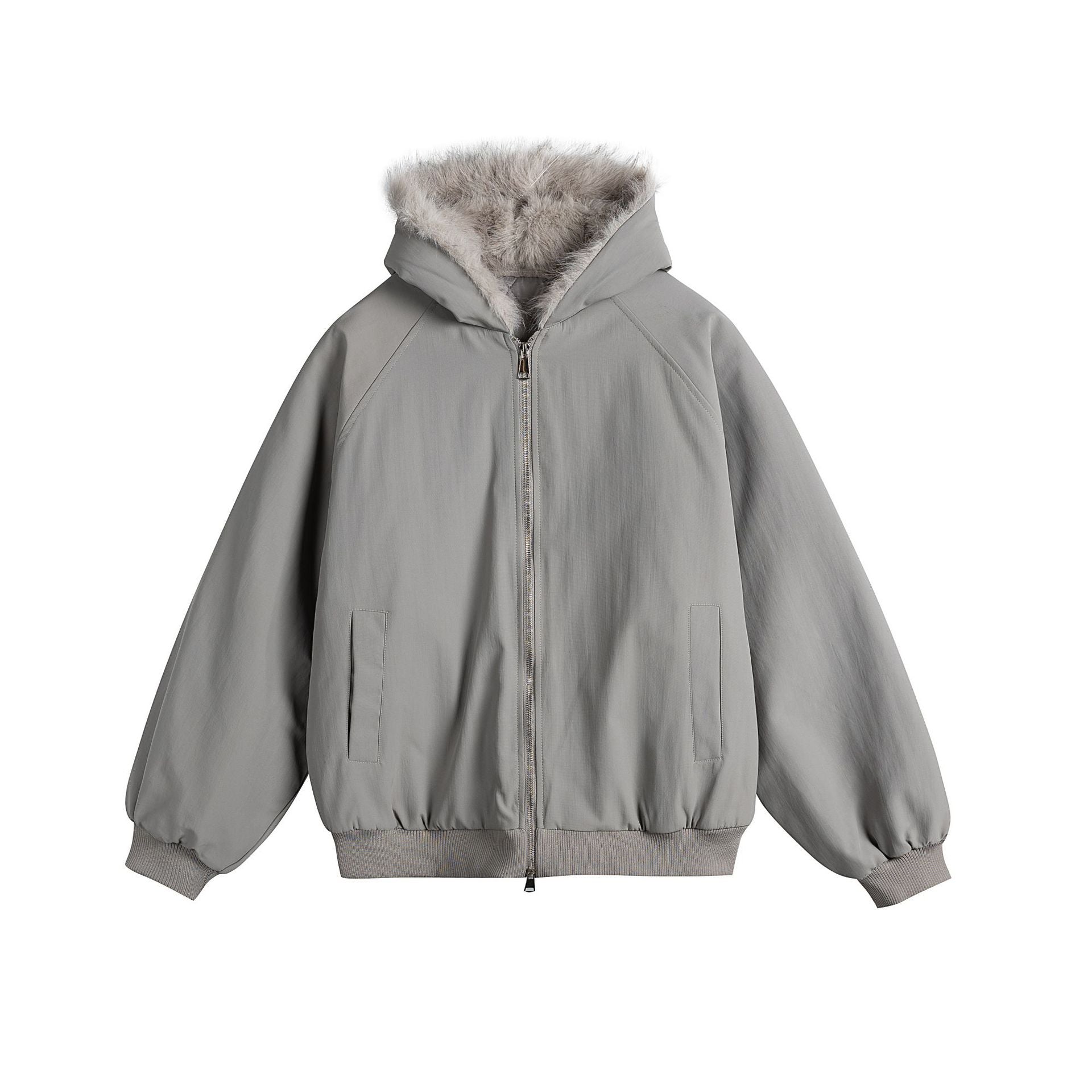 Women Oversized Bomber Jacket with Faux Fur Lined Hood and Raglan Sleeves Chichicherry