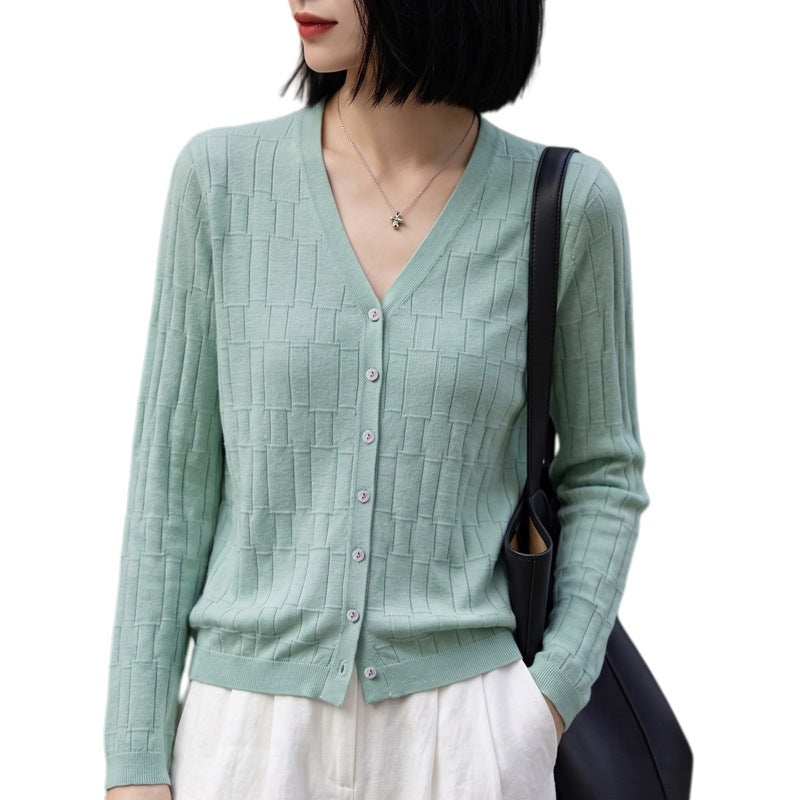 Ladies V-neck fine knit cardigan with structured block design and continuous button placket Chichicherry