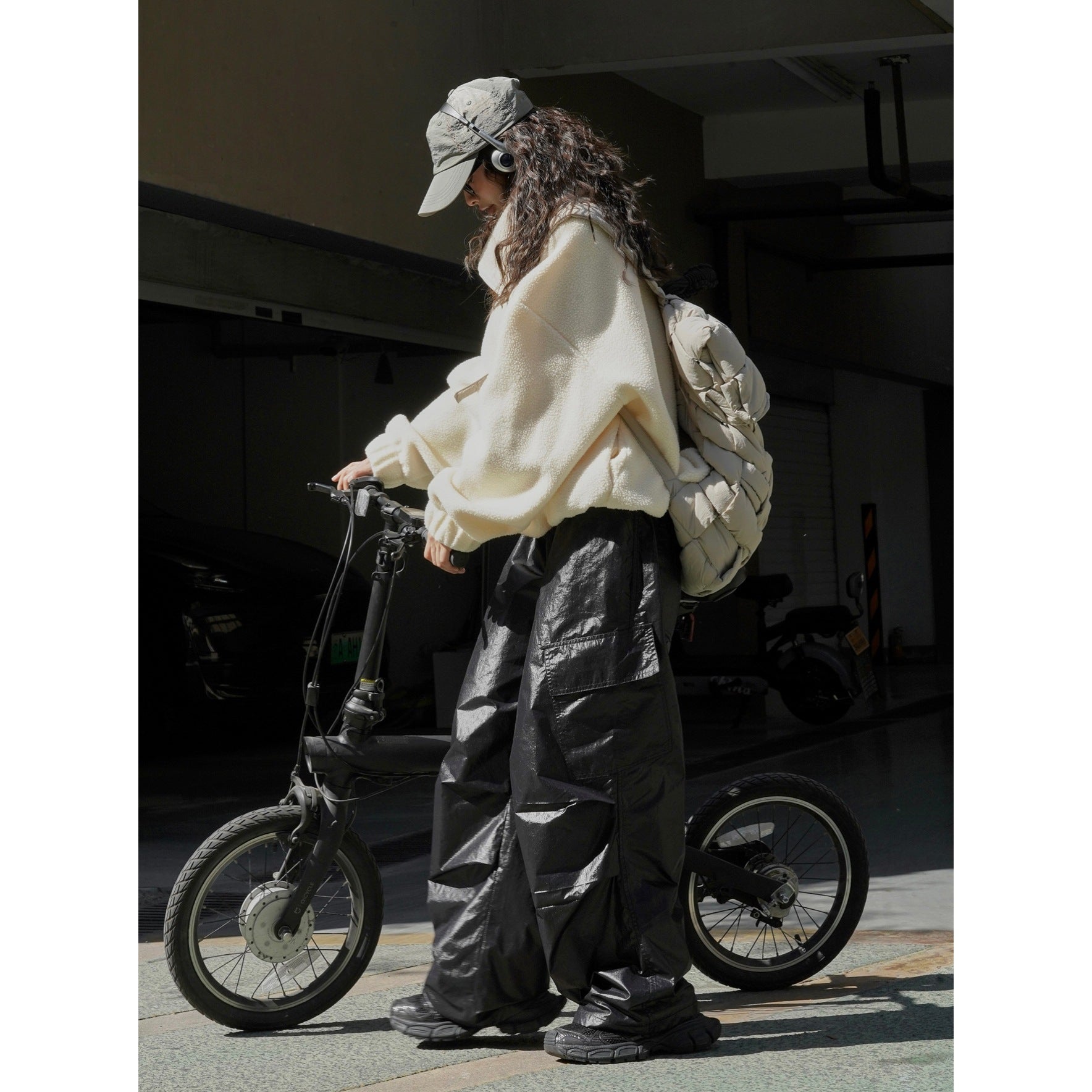 Women's Wide Nylon Cargo Palazzo Trousers with High Waist, Drawstring and Patch Utility Pockets Chichicherry