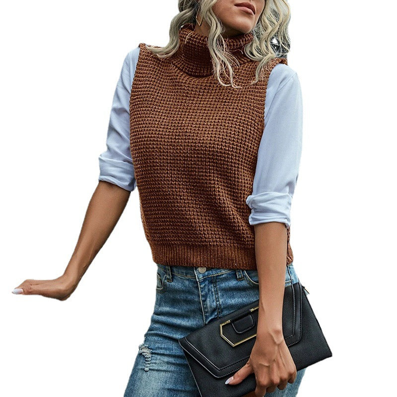 Women Sleeveless Turtleneck Knit Vest with Structured Waffle Look Chichicherry