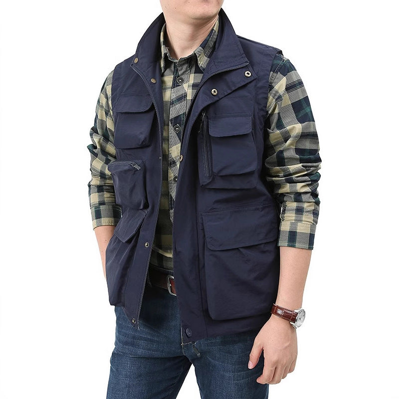 Men's Multi-Pocket Utility Vest with High Stand Collar and Practical Zipper Closure