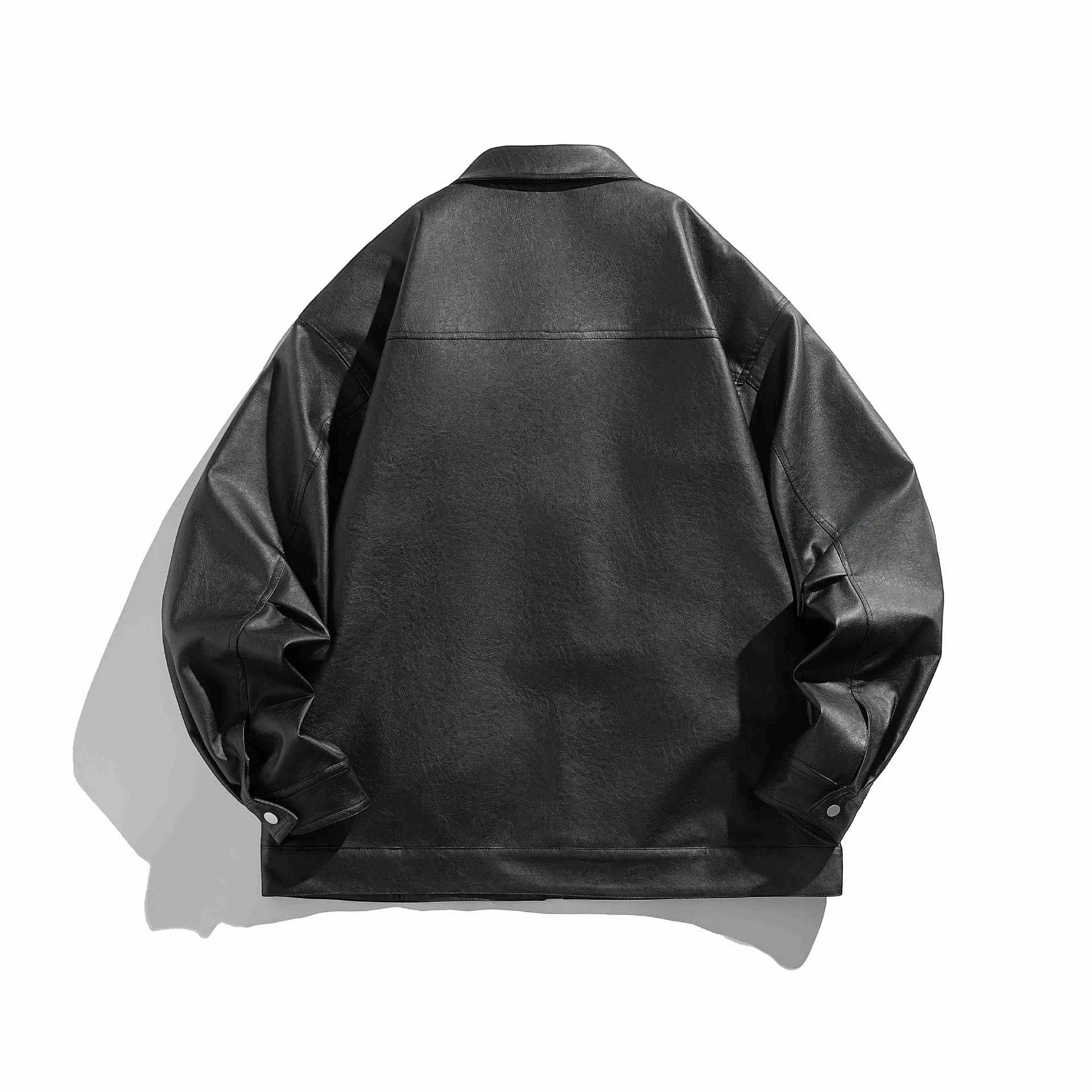 Men's short-cut boxy faux leather jacket with high collar and zipper chest pockets Chichicherry