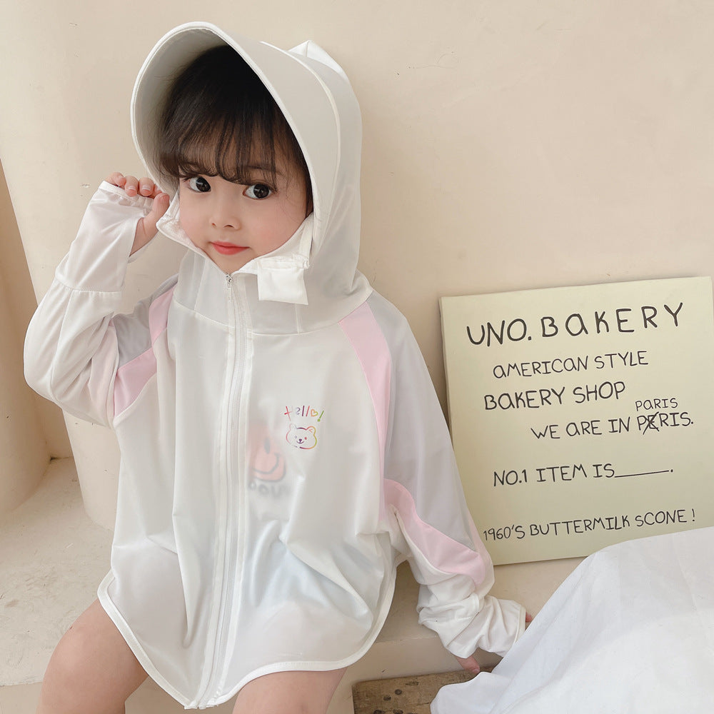 Unisex nan ultralight children's sun protection jacket with hood, zipper, mesh lining, and bear embroidery Chichicherry
