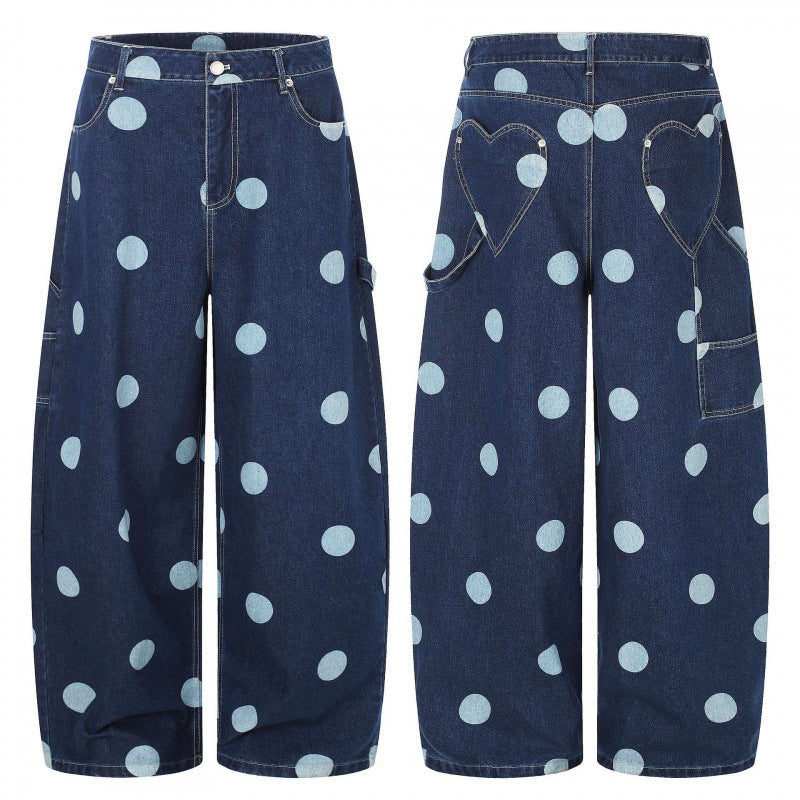 Women's Wide Cropped Jeans with High Waist, Polka Dot Print and Carpenter Details Chichicherry