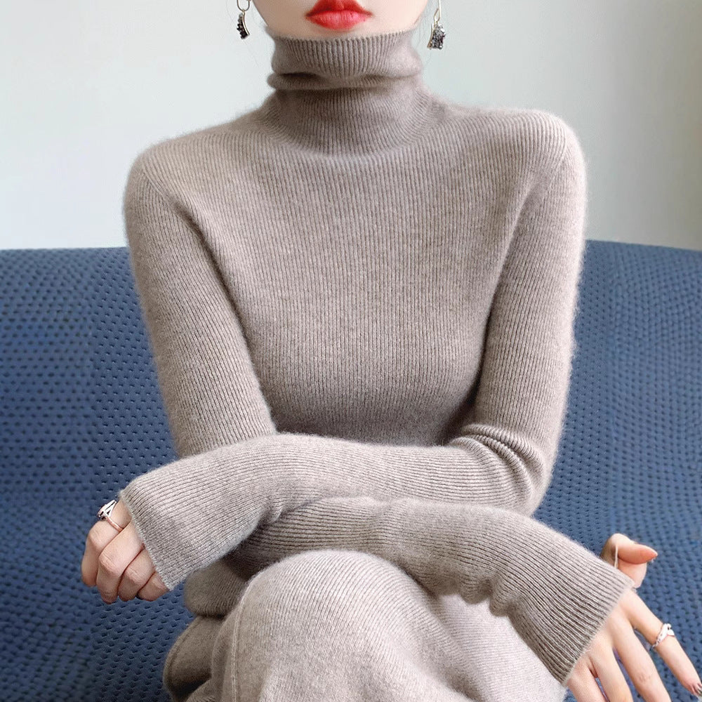 Women's Slim Roll Neck Sweater in Cashmere Blend with Extra Long Sleeve Cuff Chichicherry