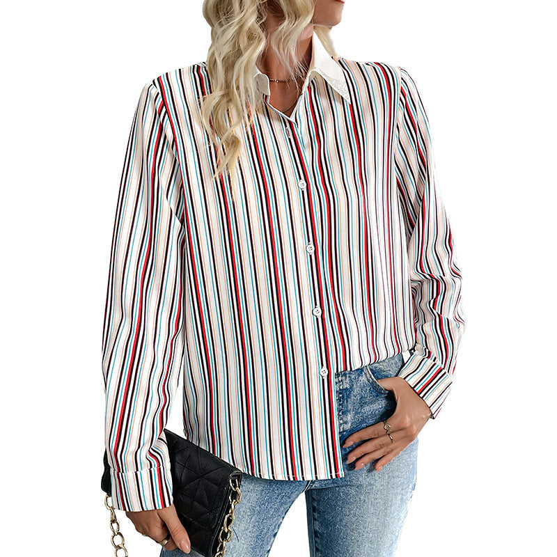 Women Striped Shirt Blouse with Decorative Collar and Long Sleeve Cuffs Chichicherry