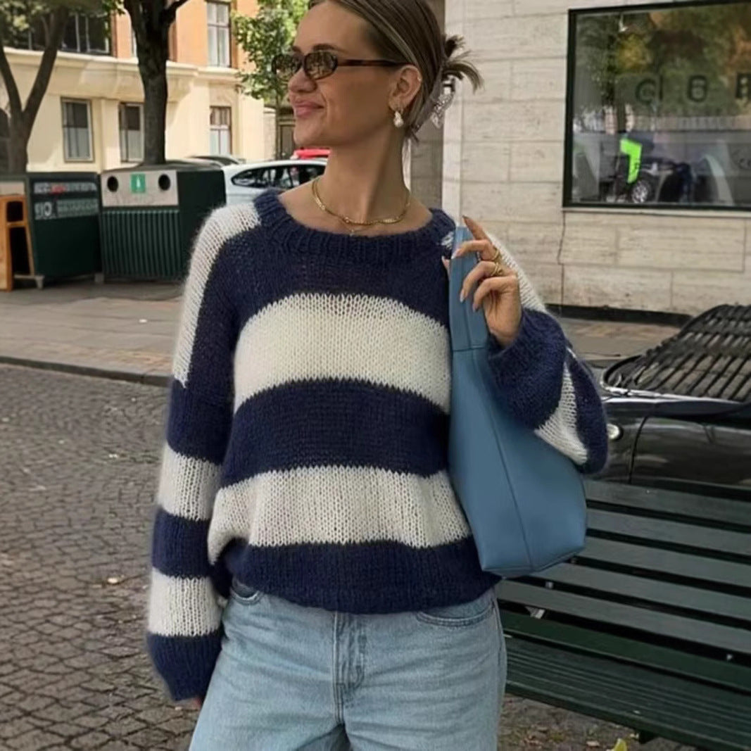 Women’s oversized knitted sweater with wide block stripes and round neck Chichicherry