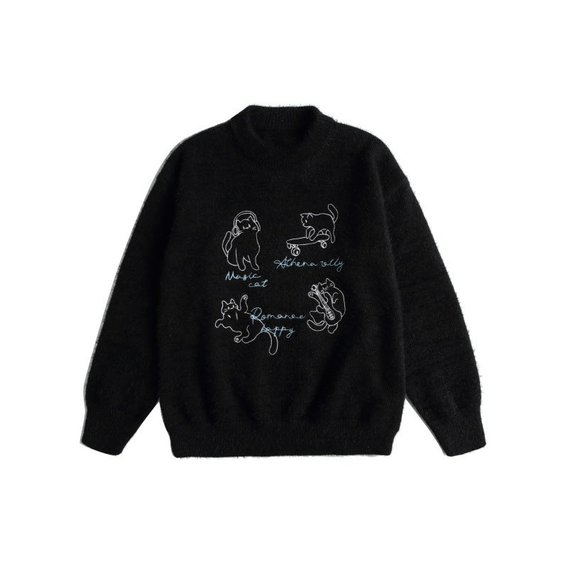 Women's soft sweater with playful cat embroidery and slight standing collar Chichicherry