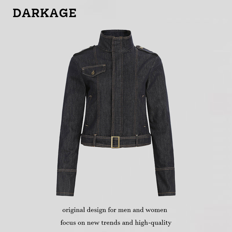 Women's tailored denim jacket with high stand-up collar, waist belt and shoulder patches Chichicherry