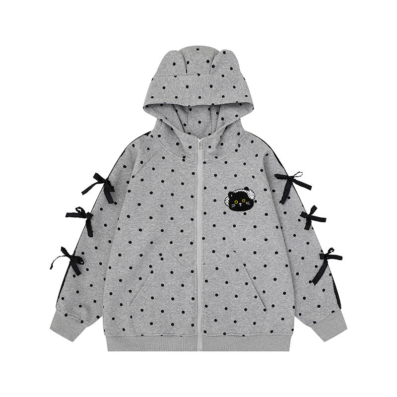 Women's hooded sweatshirt jacket with polka dot all-over, cat patch, bow sleeves and ear hood Chichicherry