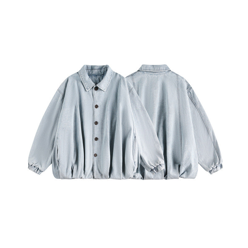 Unisex Lightweight Oversized Denim Jacket with Shirt Collar, Elastic Hem and Raglan Sleeves Chichicherry