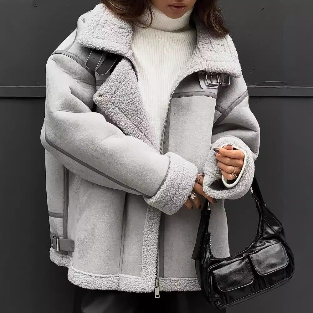 Damen Weit geschnittene Lammfellimitat-Fliegerjacke mit Kunstfellfutter Chichicherry