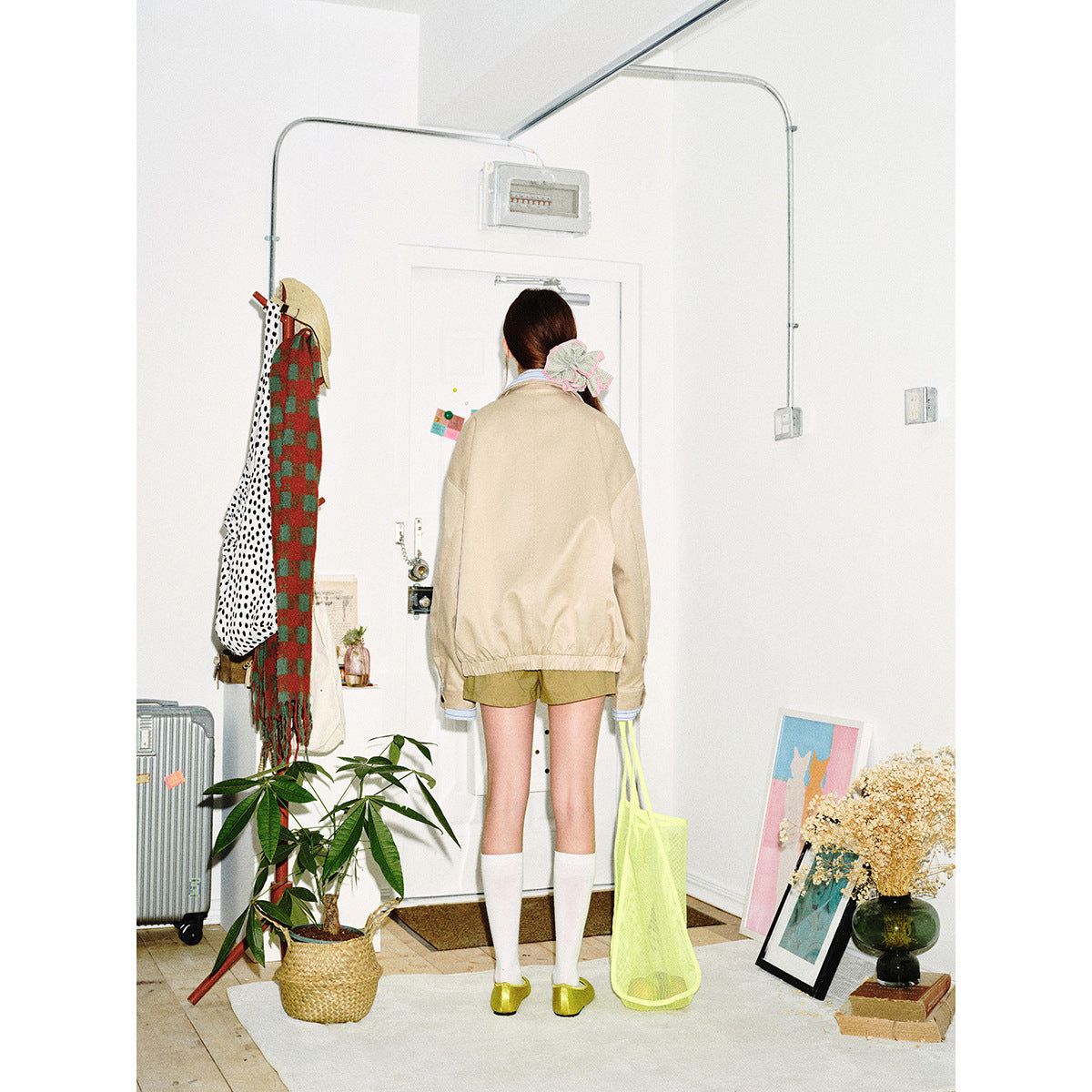 Women short cut boxy blouson jacket with striped shirt collar Chichicherry