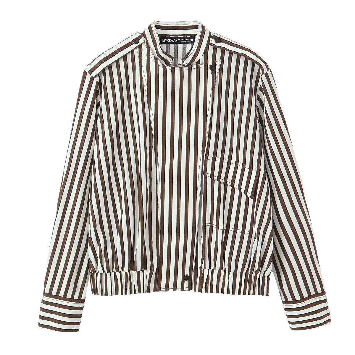 Women's Striped Blouson Shirt Blouse with Stand Collar, Shoulder Epaulettes, and Elastic Hem Chichicherry