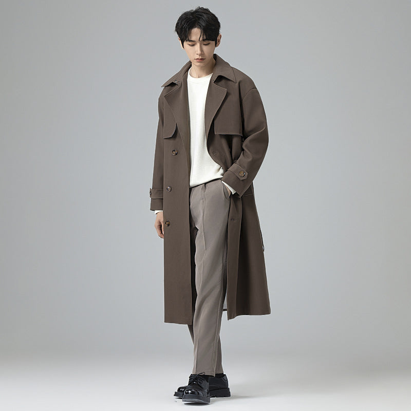 Men's trench coat in minimalist double-breasted design with wide shawl collar and waist belt Chichicherry