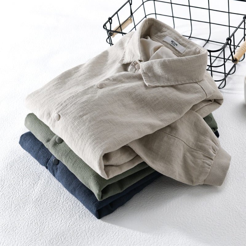 Men's Lightweight Linen Jacket with Shirt Collar, Relaxed Fit and Snap Button Placket Chichicherry