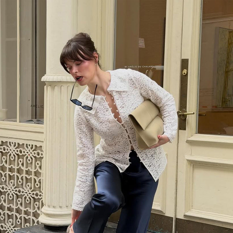 Women's lace blouse with floral lace, shirt collar and fabric ball button placket Chichicherry