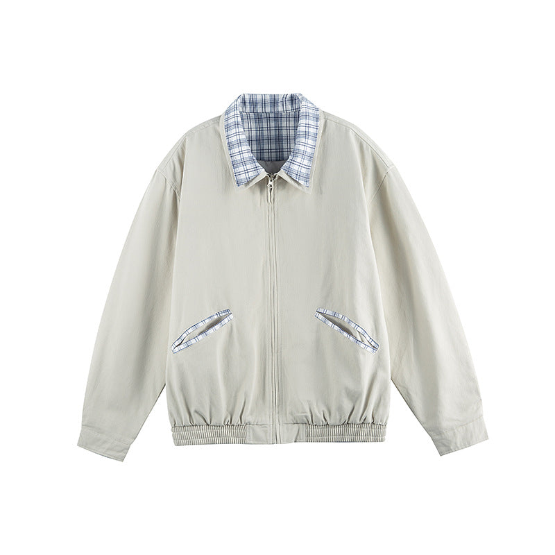 Unisex Lightweight Zip-Over Jacket in Boxy Cut with Check Collar and Elastic Hem Chichicherry