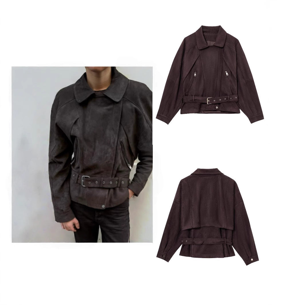 Women Short Suede Look Trench Coat with Waist Belt and Zipper Details Chichicherry