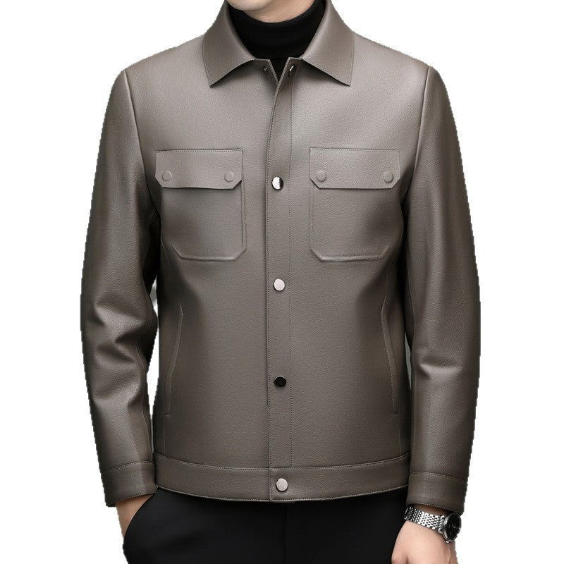 Men's leather jacket in shirt style with snap button closure and patched chest pockets Chichicherry