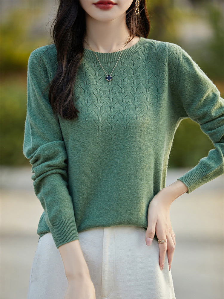 Women's Soft Round Neck Sweater in Cashmere Look with Fine Openwork Pattern and Snug Fit Chichicherry