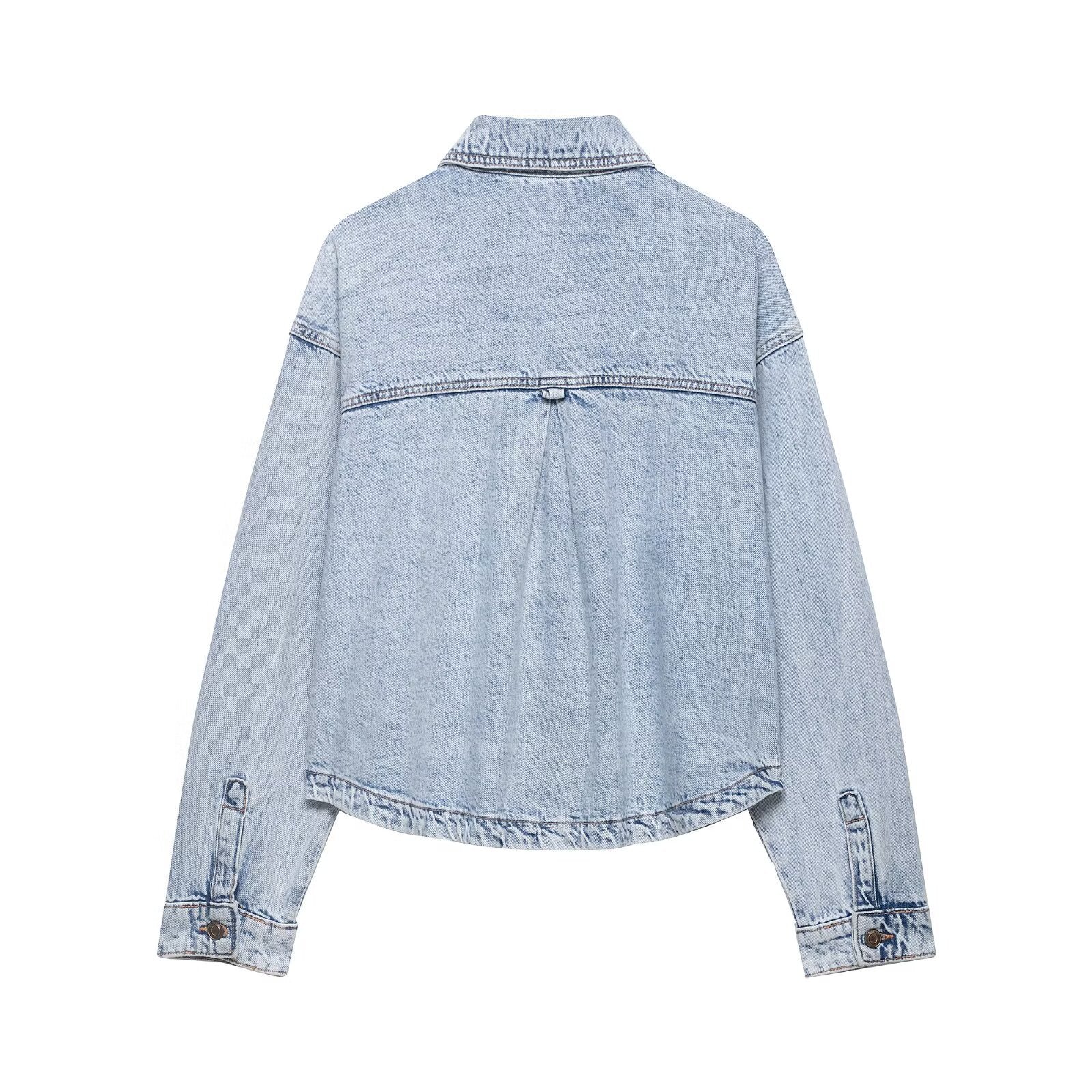 Women's Boxy Cropped Denim Work Jacket with Large Applied Front Pockets Chichicherry