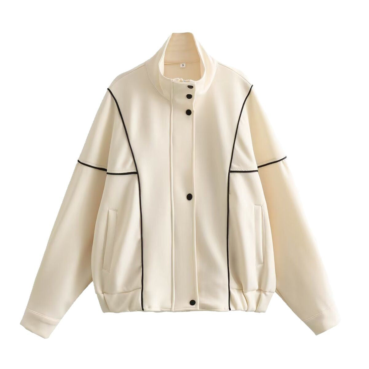 Women's Boxy Oversize Bomber Jacket with Contrast Piping and Stand-Up Collar Chichicherry