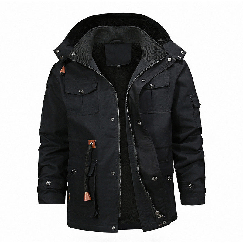 Men's canvas parka with teddy fleece lining, hood, and multifunctional pockets Chichicherry