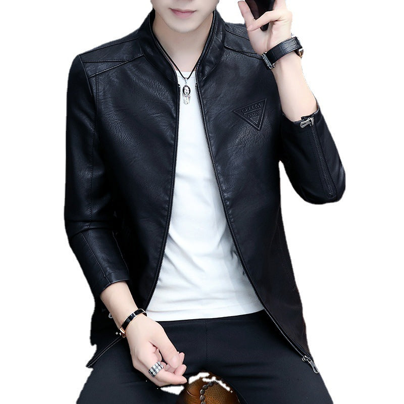 Men's Slim Faux Leather Pilot Jacket with Minimalist Stand Collar Chichicherry