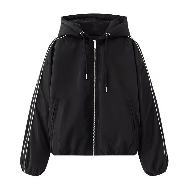Women's oversized bomber-style hoodie jacket with drawstring, reflective piping, and elastic hem Chichicherry