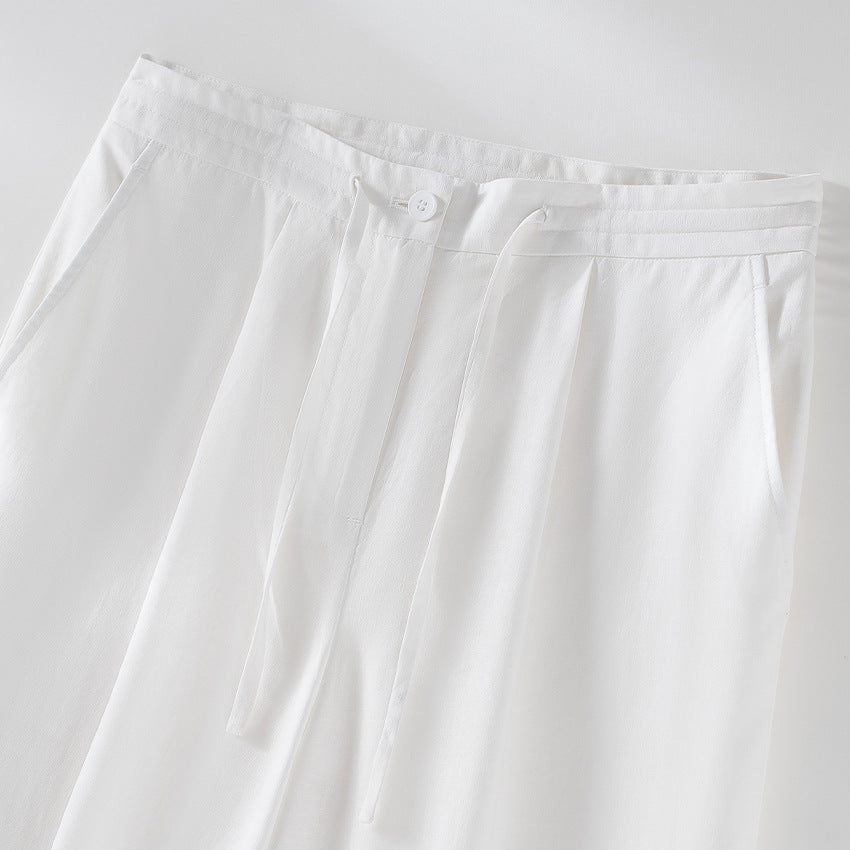 Ladies culotte-like linen trousers with drawstring, pleats and straight leg Chichicherry