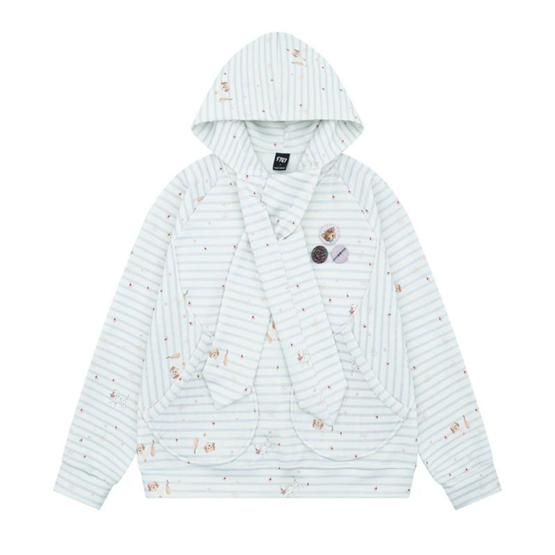 Women Cozy Hooded Oversized Sweater with Integrated Bow Scarf and Patch Pockets