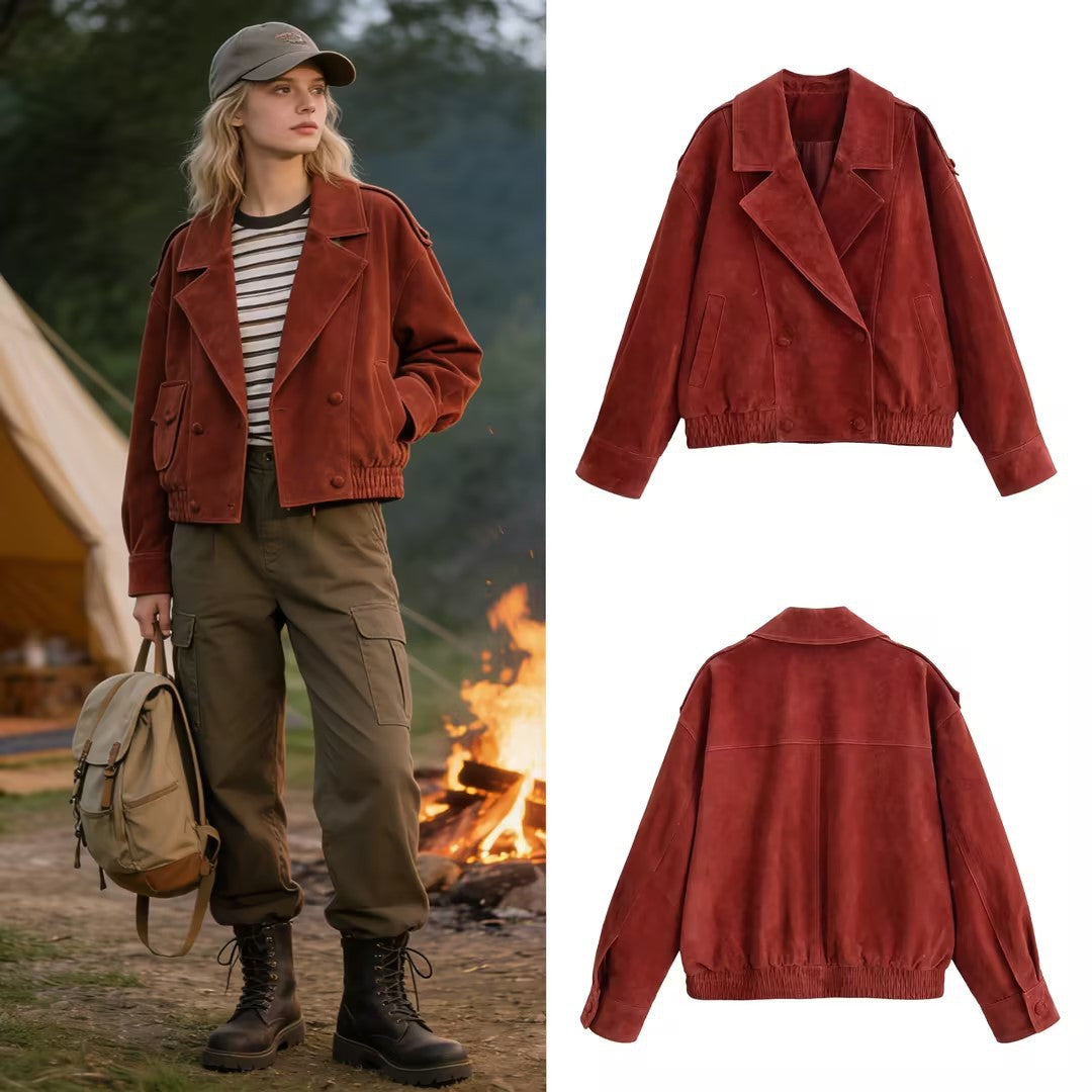 Women's short blazer made of suede leather with oversized silhouette and double-breasted lapel Chichicherry