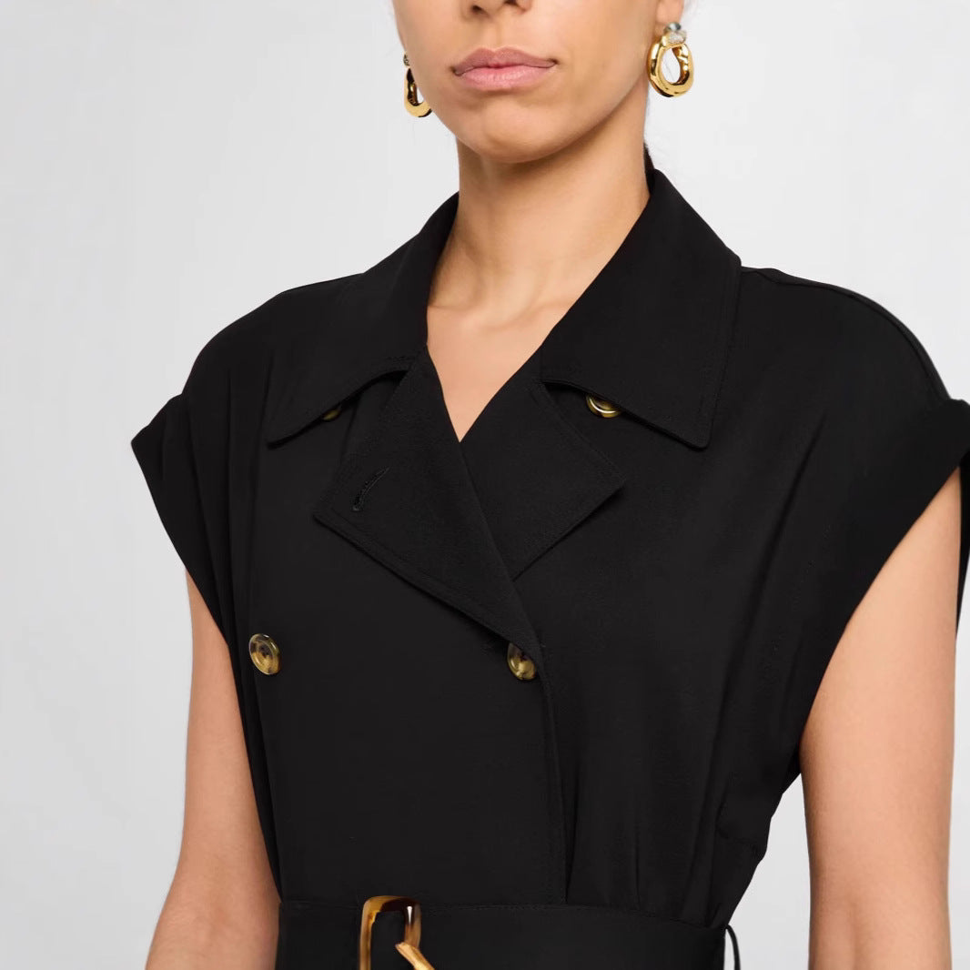 Women's Sleeveless Double-breasted Midi Dress with Trench Belt Chichicherry