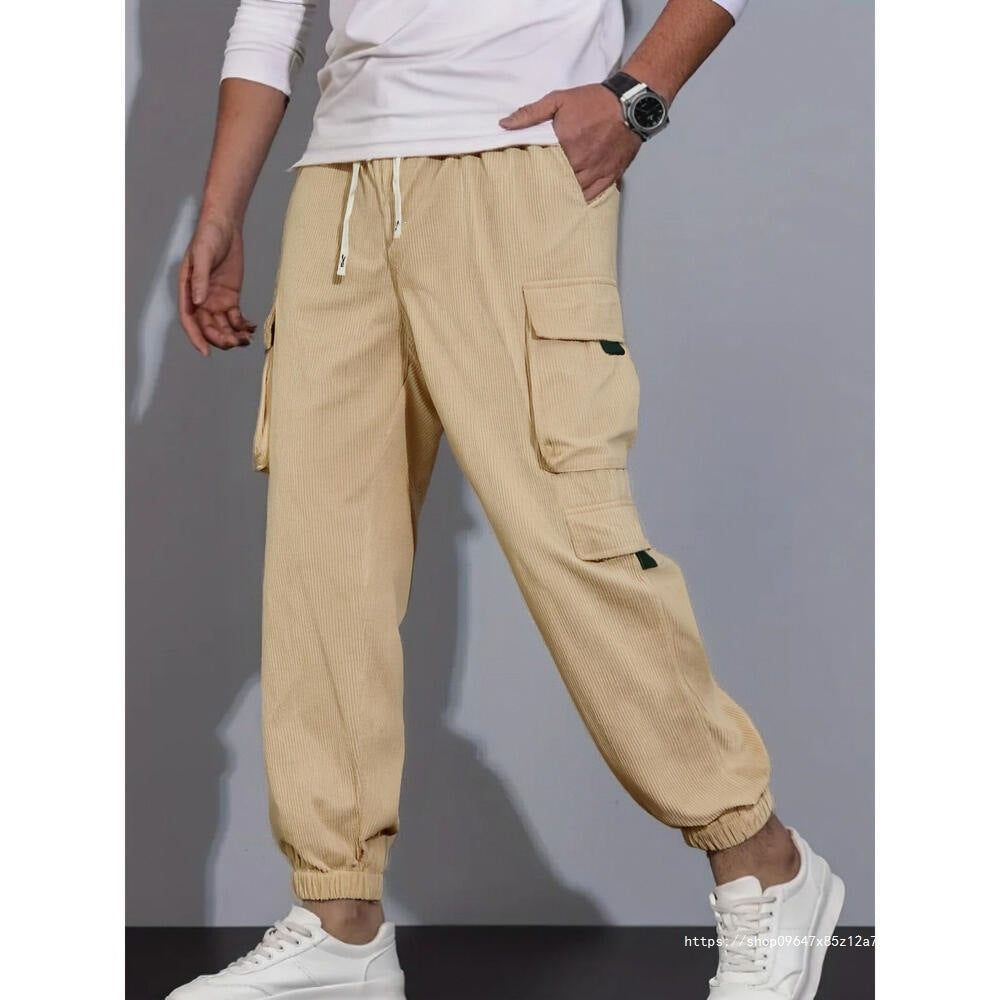 Men's Cord Cargo Jogging Pants with Elastic Waistband, Drawstring & Multiple Pockets Chichicherry