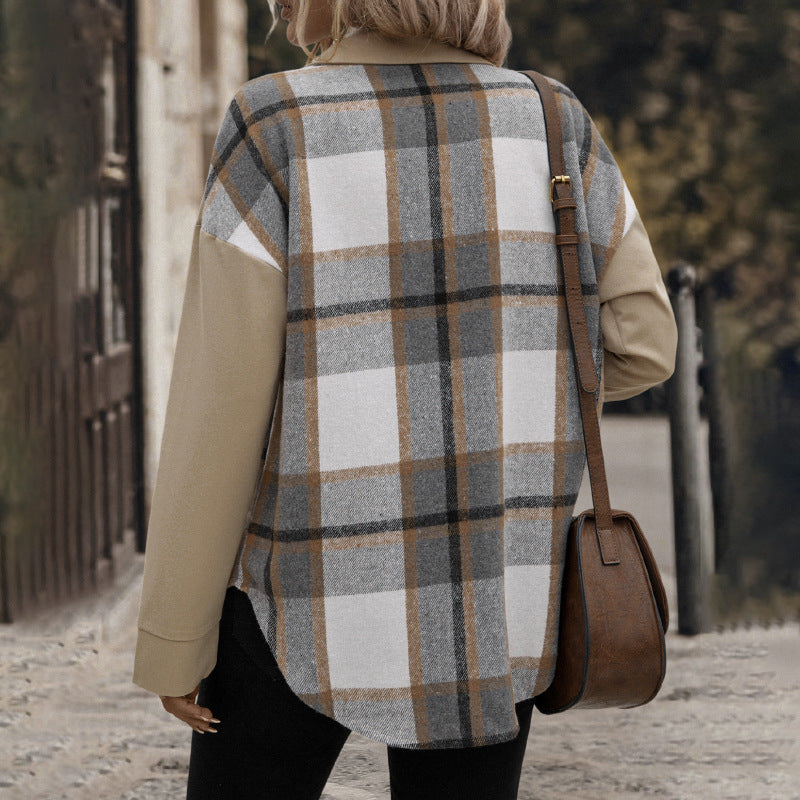Women’s Oversized Shirt Jacket with Checked Front Panel, Snap Button Closure and Patch Chest Pockets Chichicherry