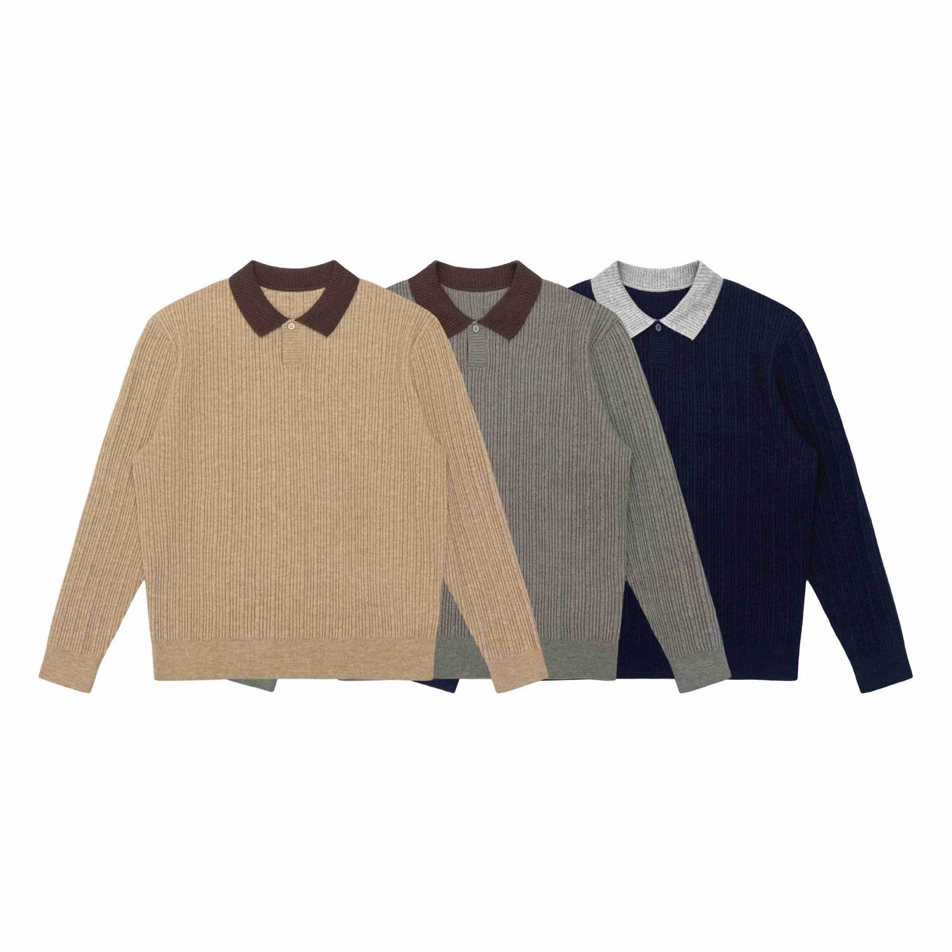 Men's fine-structured ribbed knit polo sweater with contrast collar Chichicherry