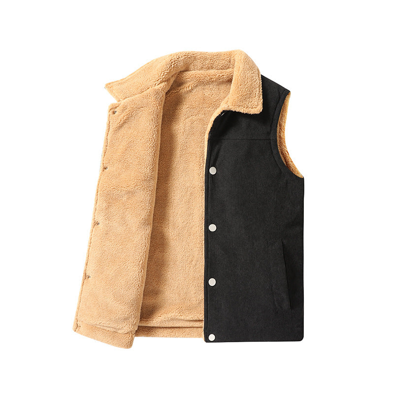 Men's Sleeveless Cord Utility Vest with Teddy Lining and Snap Button Front Chichicherry