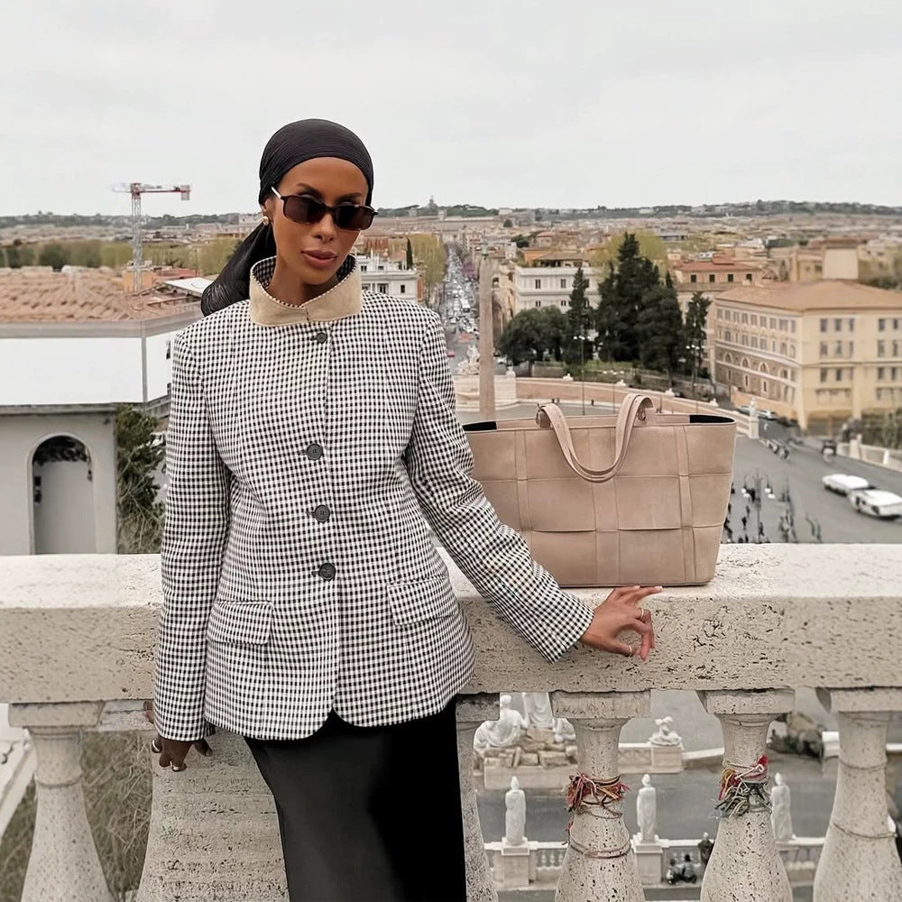 Women's Tailored Short Blazer in Vichy Check with Stand Collar and Curved Hem Chichicherry
