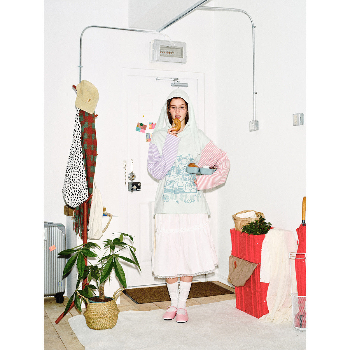 Women’s hoodie with hood and bunny ears, striped sleeves and manga print Chichicherry