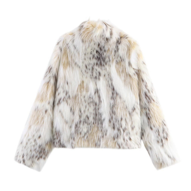 Women Short Cut Faux Fur Jacket with Stand Collar and Voluminous Faux Fur Chichicherry