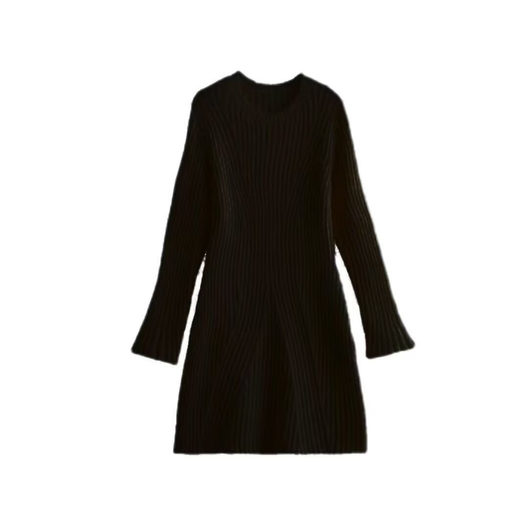 Women's Ribbed Knit Dress with Flared A-Line and Wide Cuffs Chichicherry
