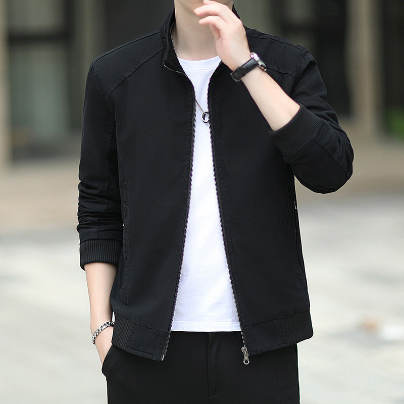 Men's slim-fitting micro canvas bomber with high stand collar, concealed zipper, and elastic ribbed cuffs.
