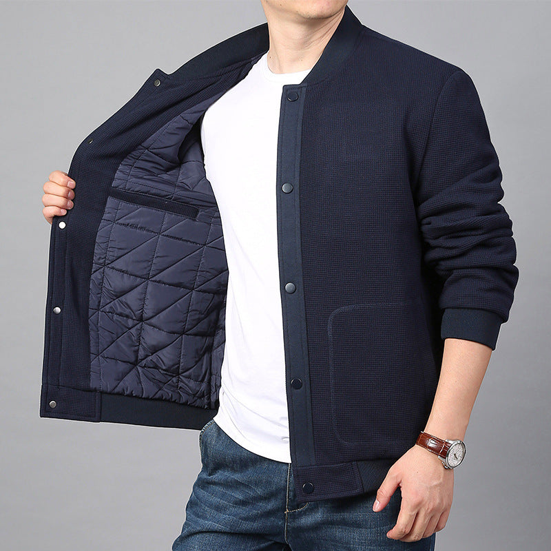 Men's Structured Bomber Jacket with Waffle Knit, Lightly Lined and Snap Placket Chichicherry